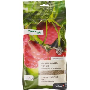 Manna Bio Obst- und Beerendünger 1 kg im Beutel mit Himbeeren. Dünger für Beeren und Obst.