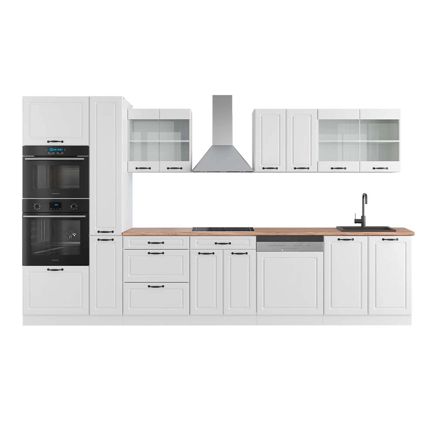 Vicco R-Line Küchenzeile Weiß Landhaus/Weiß 350 cm mit HochschrankAP Eiche günstig online kaufen
