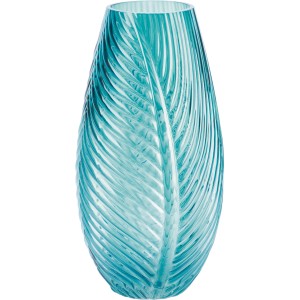 Türkisfarbene Vase Glam Forest mit Palmblattmotiv, 19,5 cm hoch.