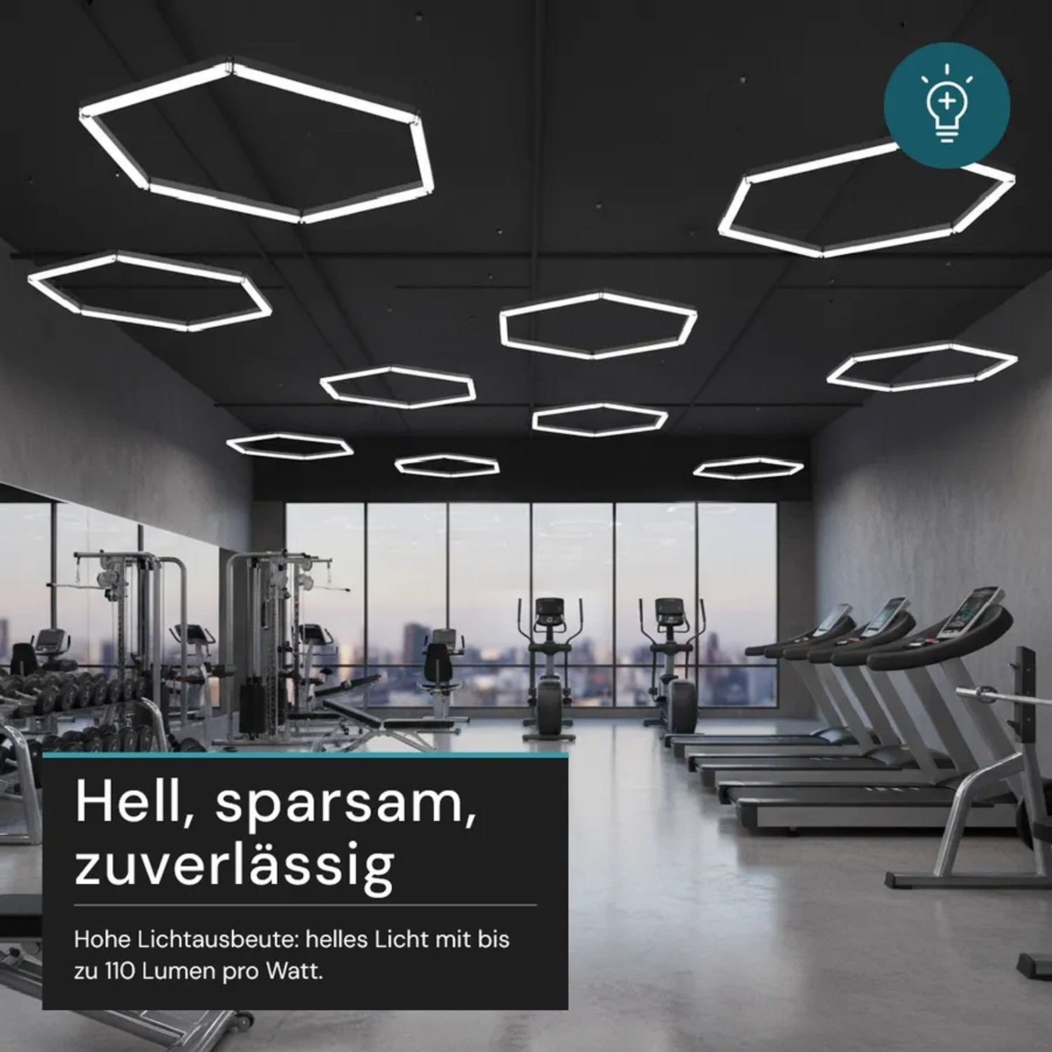 Moderne LED Deckenleuchten in Sechseck-Form, kaltweiß, in einem Fitnessstudio.