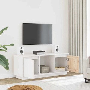 Weißer TV-Schrank aus Kiefernholz (110,5x35x44 cm) mit Fächern und geöffneten Türen.