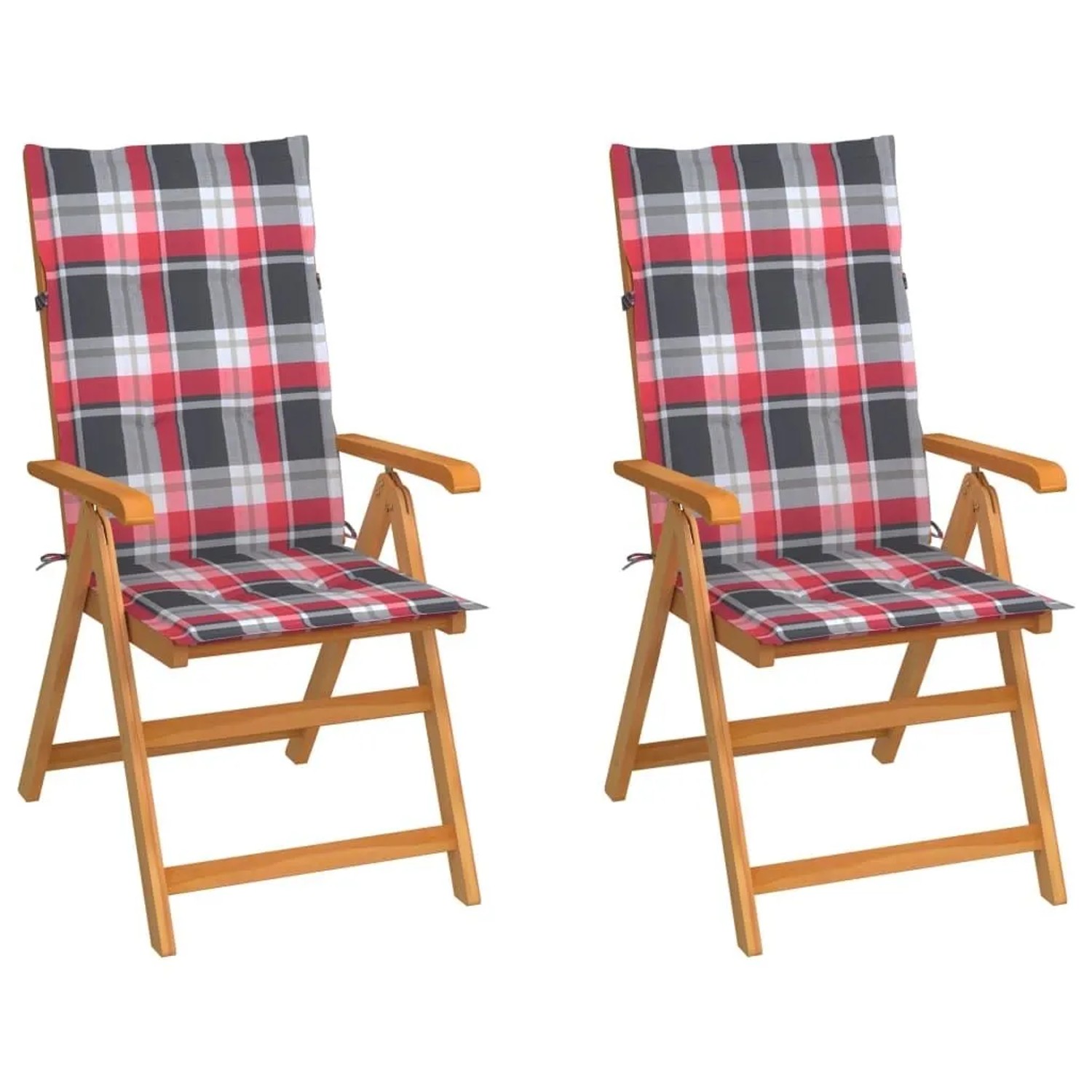vidaXL Gartenstühle 2 Stk Rote Karomuster Kissen Massivholz Teak 3062389