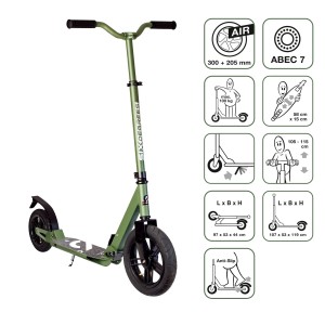 Grüner Six Degrees Aluminium Scooter mit Luftreifen und Federung. Höhenverstellbarer Lenker.