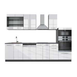 Moderne Vicco Küchenzeile Fame-Line in Weiß Hochglanz/Anthrazit mit Hochschrank und Elektrogeräten.