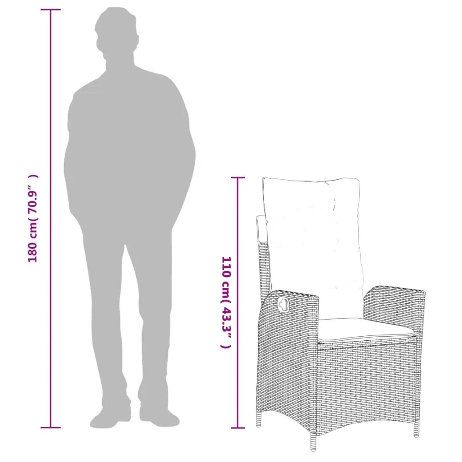 Verstellbarer vidaXL Gartensessel aus Poly Rattan mit Kissen, 110 cm hoch, im Größenvergleich zu einer 180 cm Person.