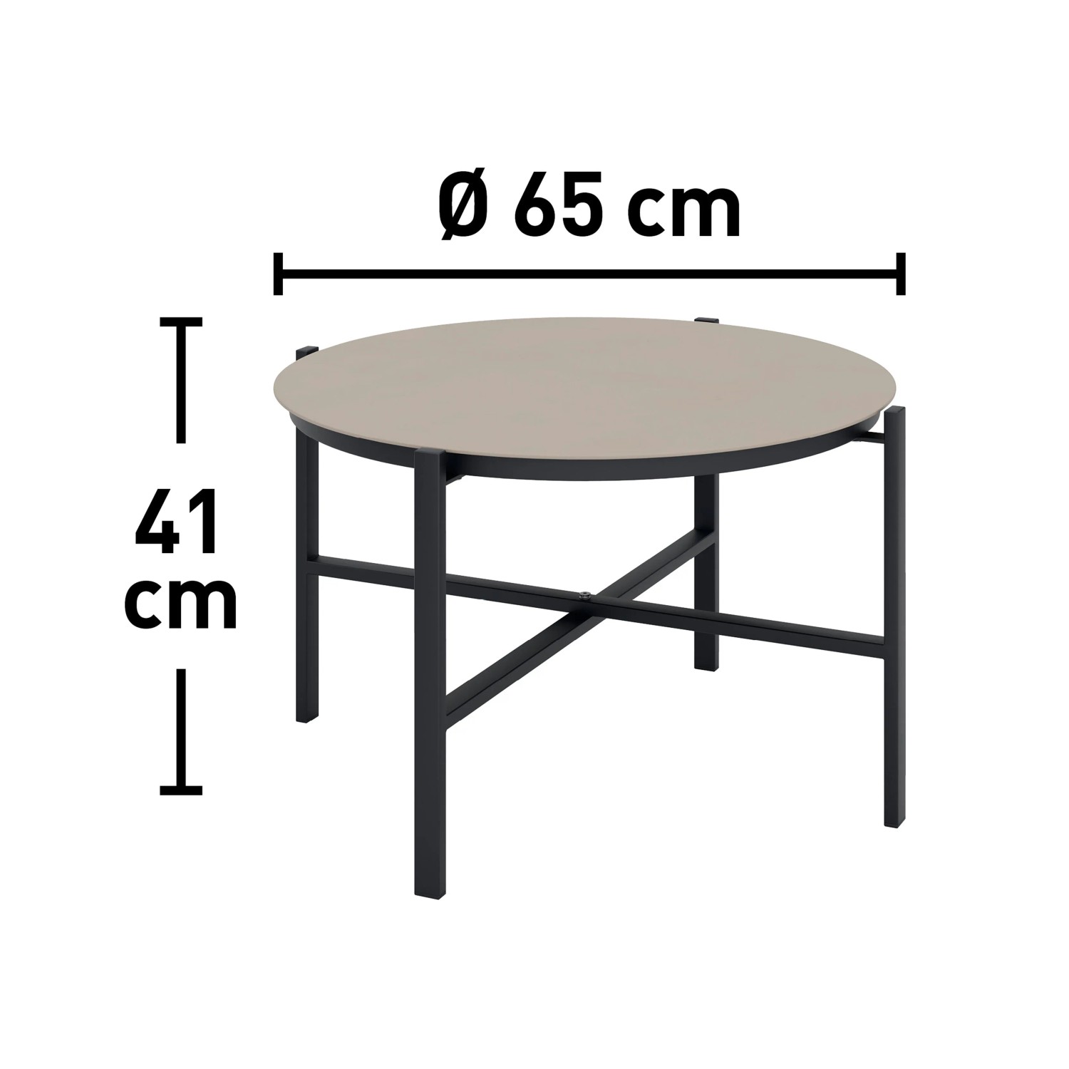 Tisch aus dem Gartenmöbel-Set Tapena, Stahlgestell schwarz, Tischplatte taupe, Ø 65 cm.