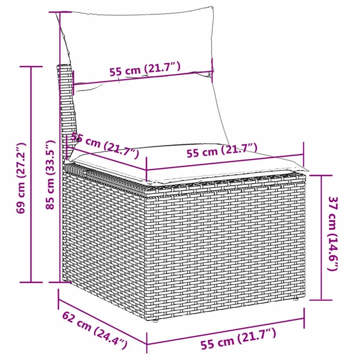 Skizze eines grauen Gartensofas aus Rattan mit Kissen, Maße sind eingezeichnet.