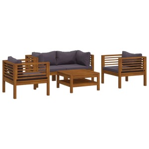 5-tlg. Garten Lounge Set aus Akazienholz mit dunkelgrauen Auflagen.