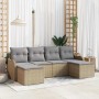 Beiges vidaXL Garten-Sofa-Set, 6-teilig, mit hellgrauen Kissen aus Polyrattan.