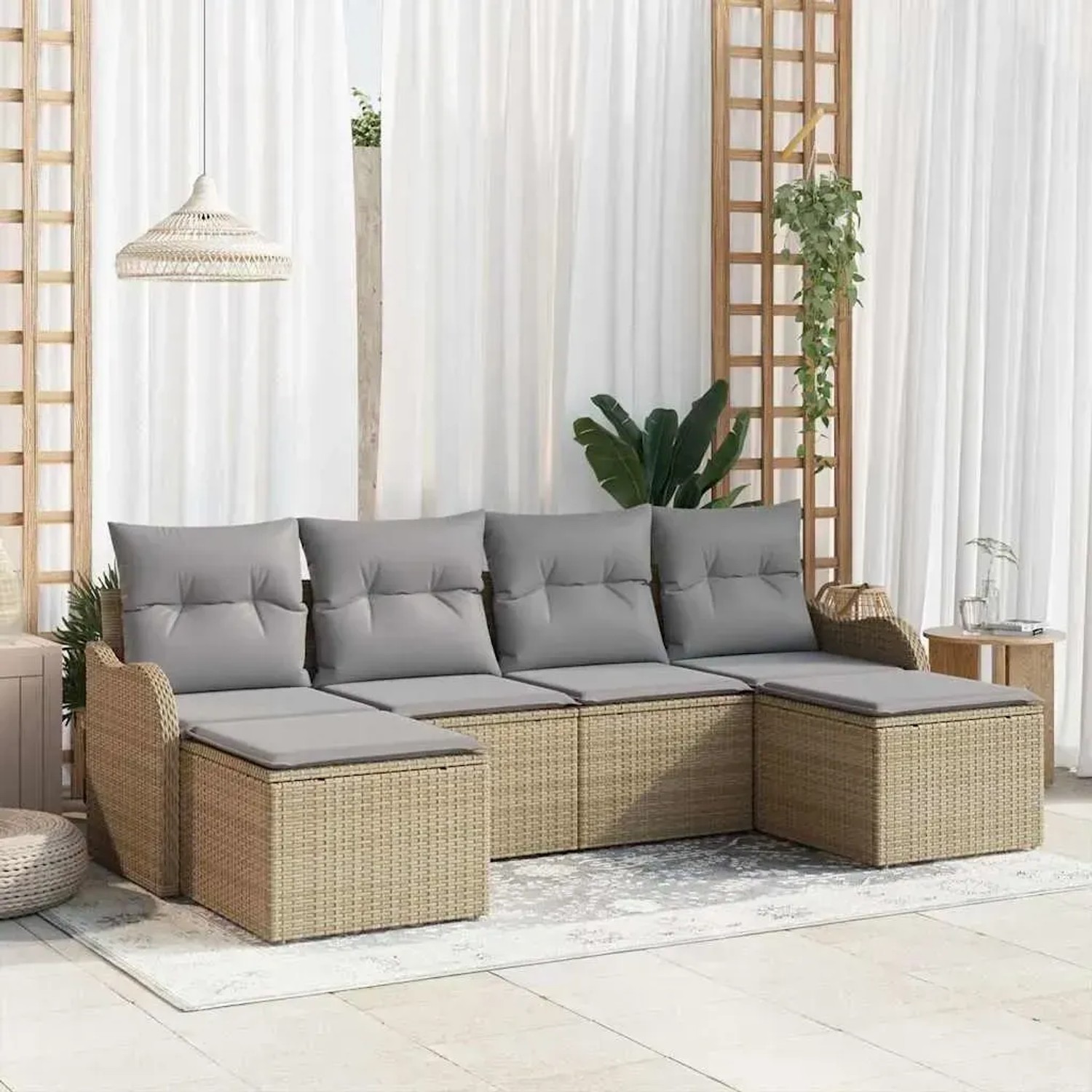 Beiges vidaXL Garten-Sofa-Set, 6-teilig, mit hellgrauen Kissen aus Polyrattan.