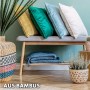 Bambus Sitzbank Montana mit grau gepolsterter Sitzfläche und Schuhregal. Ideal für Flur, bietet Stauraum und Sitzkomfort.