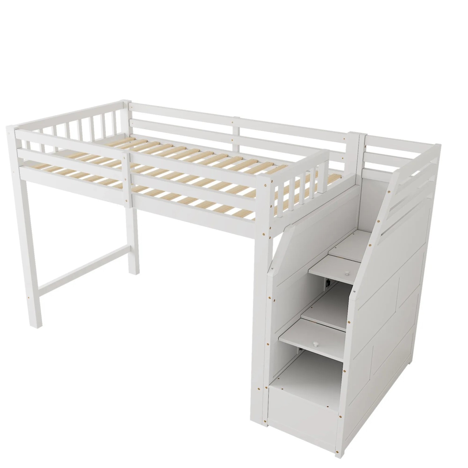 okwish Hochbett 90x200cm mit Stauraumstufen und Freiraum Weiß ohne Matratze