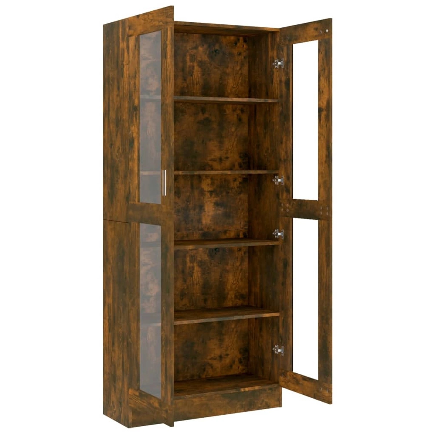 Vitrinenschrank in Räuchereiche mit Glastüren und 5 Fächern. Holzwerkstoff Regal für Wohnzimmer oder Büro.