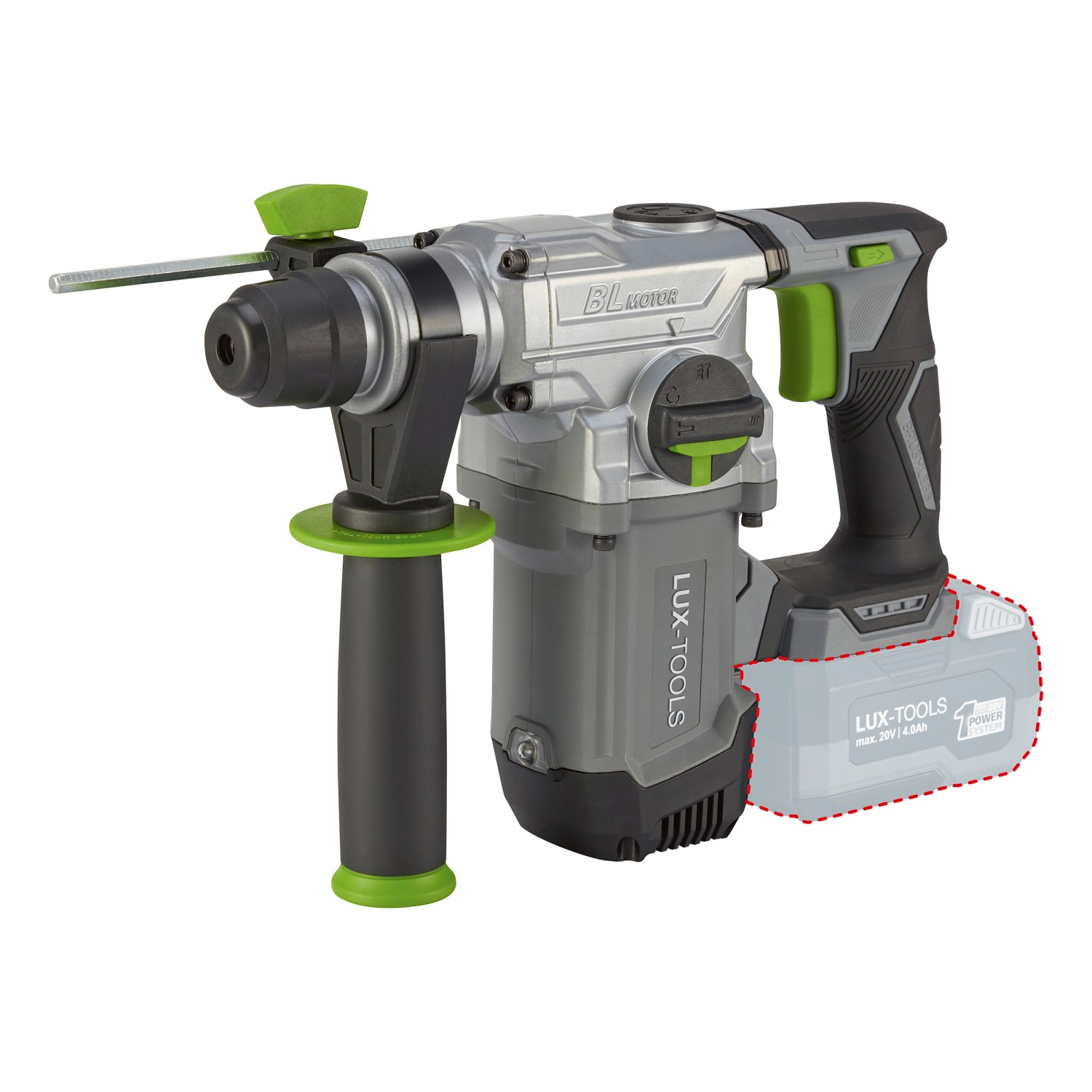 LUX Akku-Bohrhammer A-BH-20 B Solo, bürstenlos, mit Zusatzhandgriff und Tiefenanschlag.