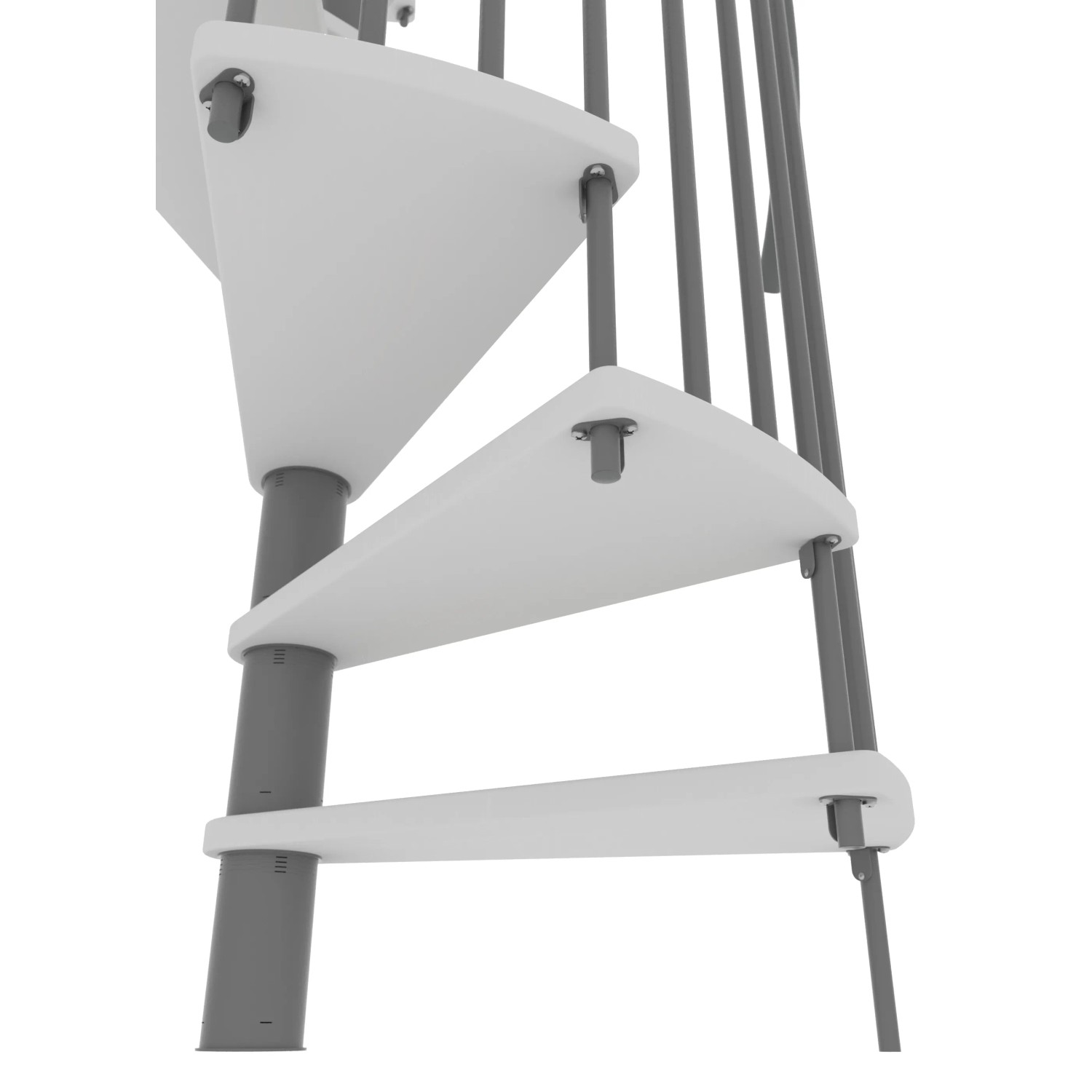 Detailaufnahme: Weiße Minka Spindeltreppe Spiral Smart mit grauen Metallelementen.