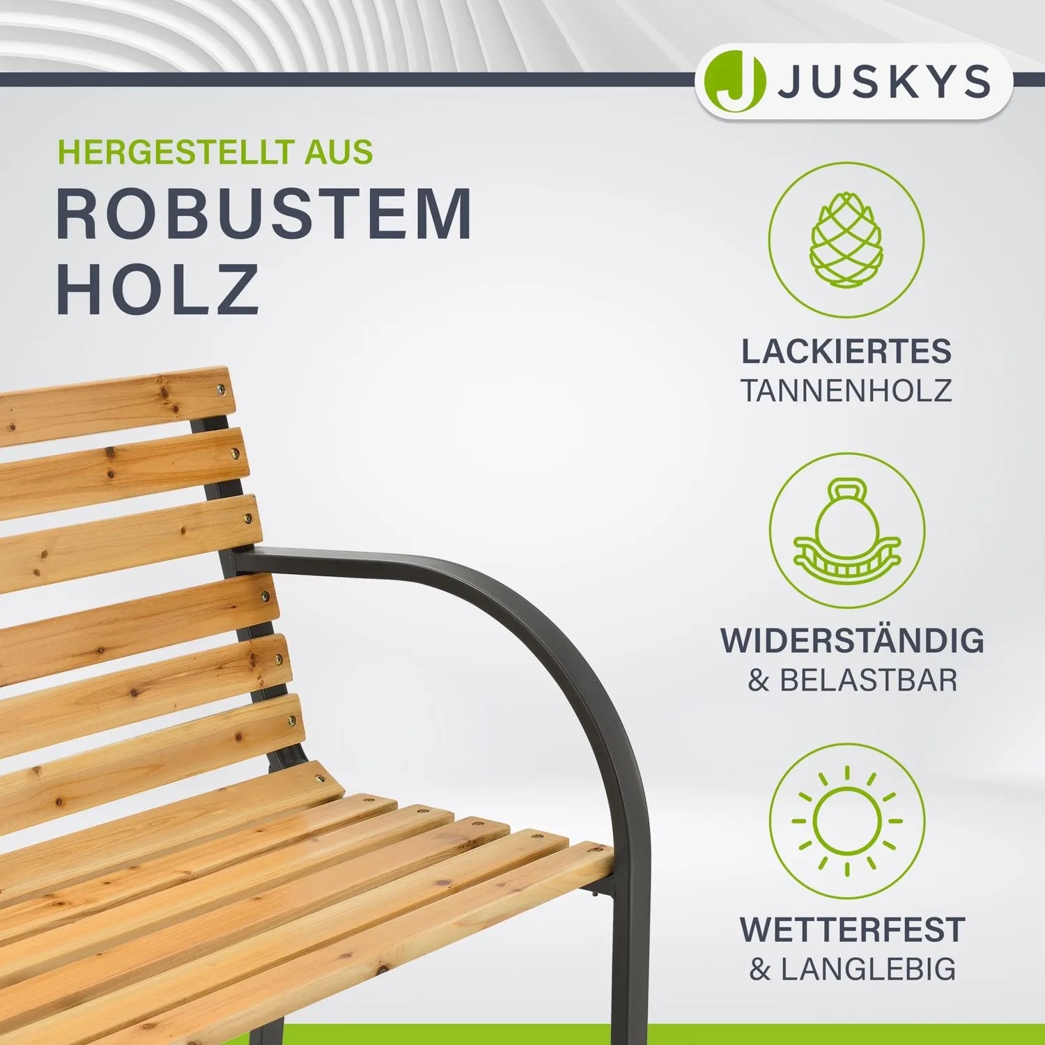 Juskys 2-Sitzer Gartenbank Modena aus Holz und Stahl, naturbelassenes Tannenholz, pulverbeschichteter Stahl.