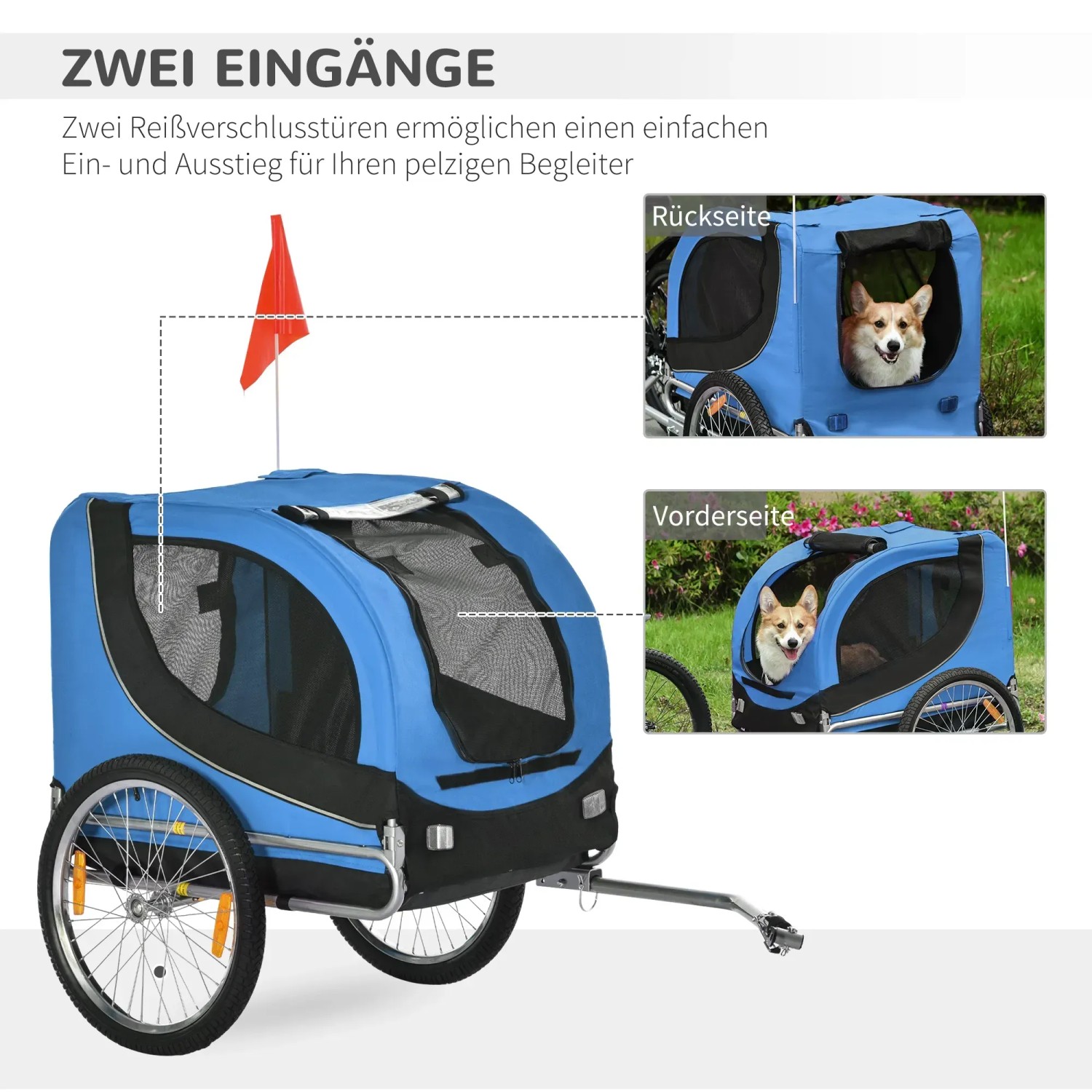 Blauer PawHut Hundeanhänger mit Reflektor für Fahrräder. Transportbox für Hunde.