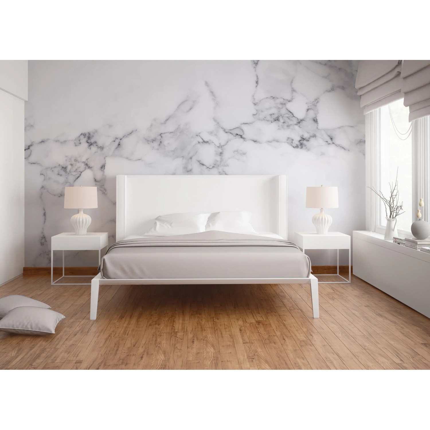 Fototapete Marmor Weiß Grau im Schlafzimmer, modernes Design. Wanddeko mit Marmormuster.