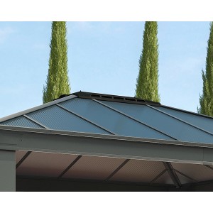 Detailansicht des anthrazitfarbenen Palram Canopia Dallas Gartenpavillons mit Polycarbonat-Dach.