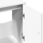Detailansicht: Weißer Waschbeckenunterschrank mit geöffneter Tür und Scharnieren.