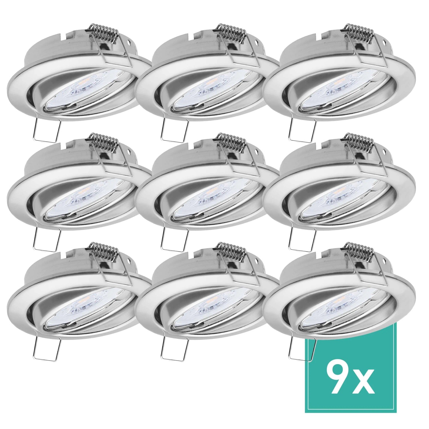 Oktaplex Dijon 9er Set Chrom-Optik LED-Einbaustrahler Dimmbar in 3 Stufen Schwenkbar Warmweiß 2700K 4,8W 230V Ø 68 mm