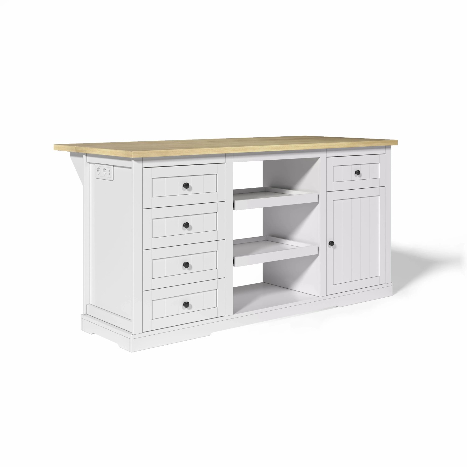 okwish Sideboard mit 5 Schubladen Ausziehböden Steckdosen 150x65x75cm Weiß