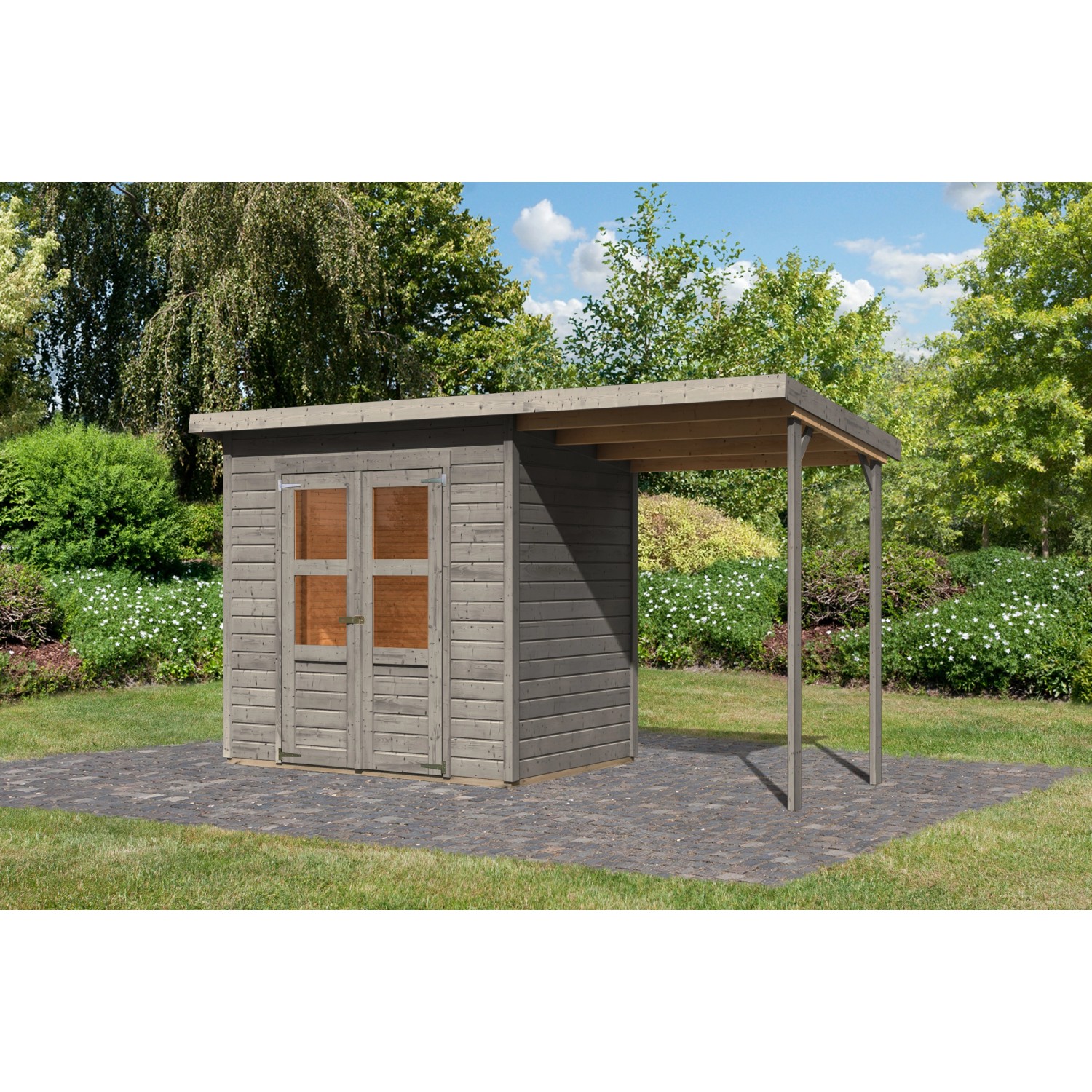 Karibu Gartenhaus Vellinge 3 m. Anbaudach Vorvergraut 219 x 208 x 150 cm günstig online kaufen