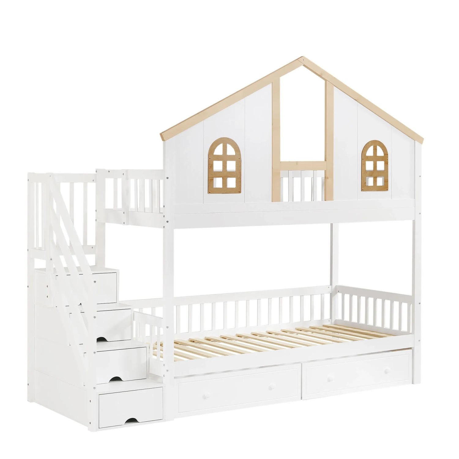 okwish Etagenbett 90x200cm mit Fenster 2 Schubladen und Treppe Weiß Natur ohne Matratze