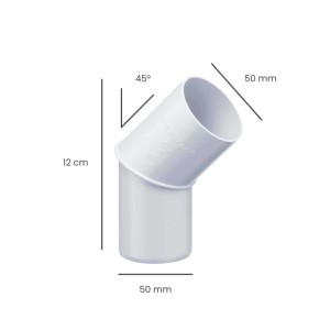 Weißer PVC Fallrohrbogen 45 Grad DN 50 für Kunststoff-Dachrinnen, 12 cm hoch, 50 mm Durchmesser.
