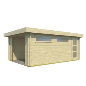 Lasita Garage Canberra aus unbehandeltem Holz mit Fenster und Tür.