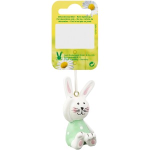 Sitzender Deko Hase in Weiß-Grün, 6,5cm, als Anhänger für die Osterdekoration.