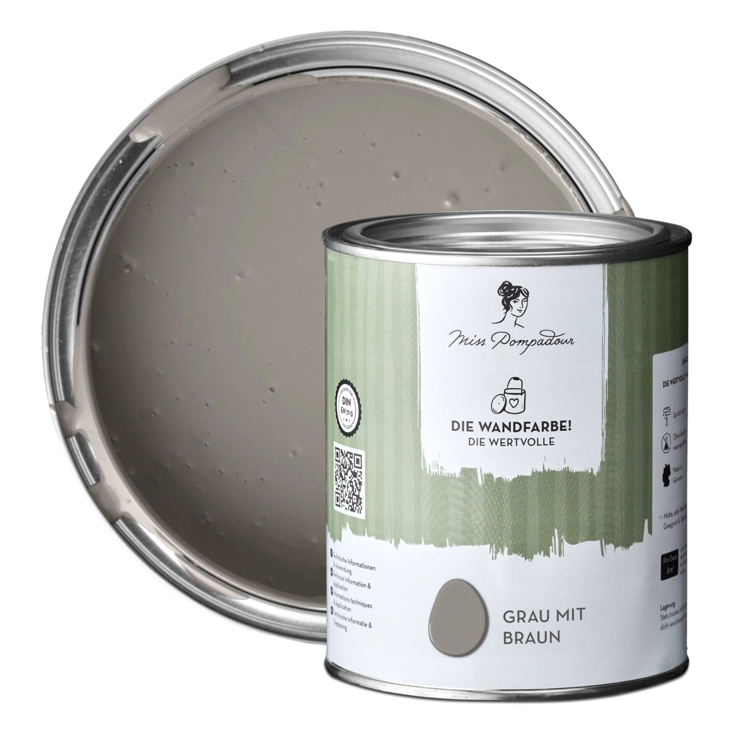 MissPompadour Extramatte Wandfarbe Grau mit Braun 1L Hochdeckend Spritzfrei