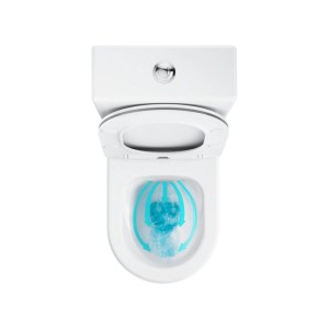 Weißes Ravak Stand-WC Optima mit offenem SoftClose Sitz. Blaue Pfeile zeigen die spülrandlose Spültechnik im Becken.