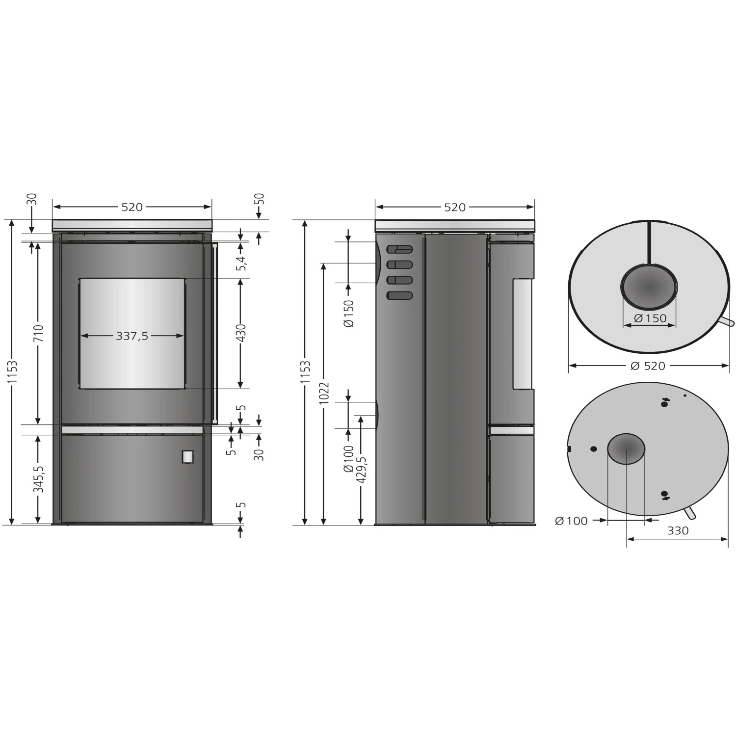 Technische Zeichnung Kaminofen Justus Faro 2.0 Top, Stahl schwarz, Maße und Anschlüsse für Montage.