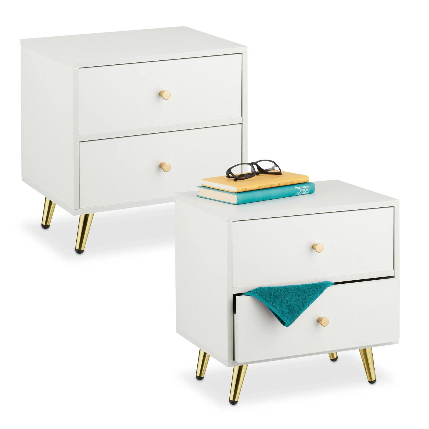 Relaxdays Nachttisch 2er Pack MDF Eisen Weiß Gold Mit 2 Schubladen 41,5 x 40 x 32,5 cm 8,2 kg