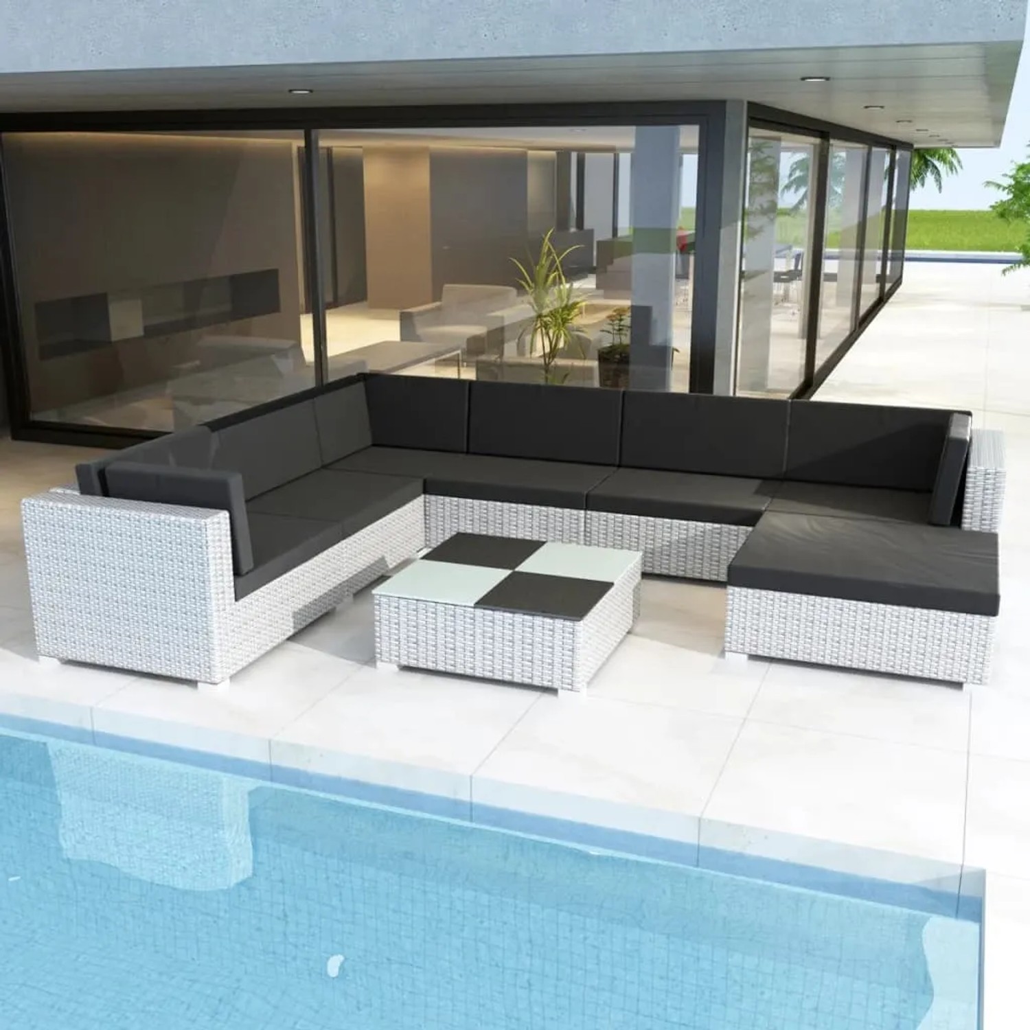 Weißes 8-tlg. vidaXL Garten-Lounge-Set aus Rattan mit schwarzen Auflagen und Tisch.