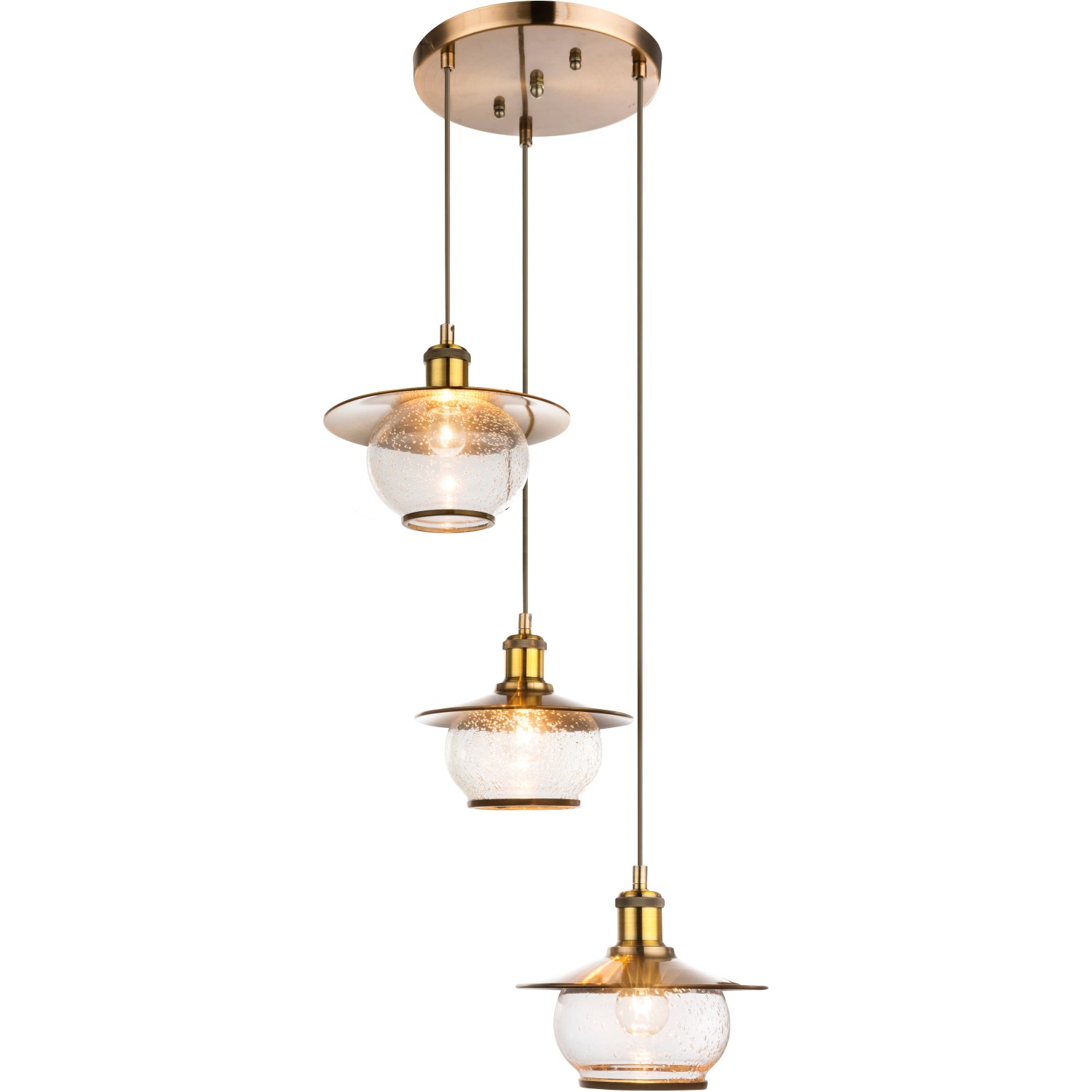 Bronzefarbene Globo Pendelleuchte NEVIS mit drei Glasschirmen für E27 Leuchtmittel.
