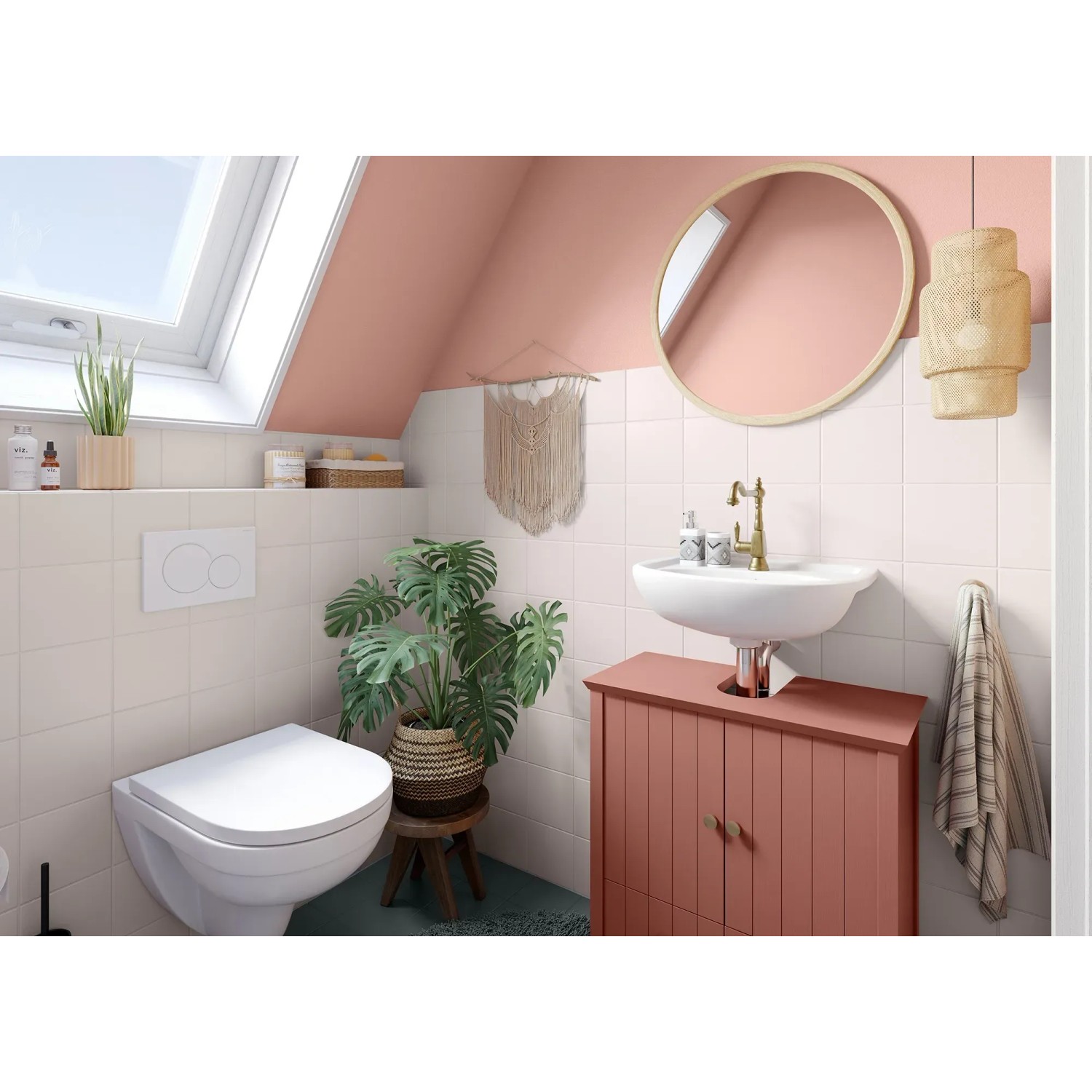 Badezimmer mit terrakottafarbenem Unterschrank, gestrichen mit Alpina Möbel-Lack Bad & Küche.