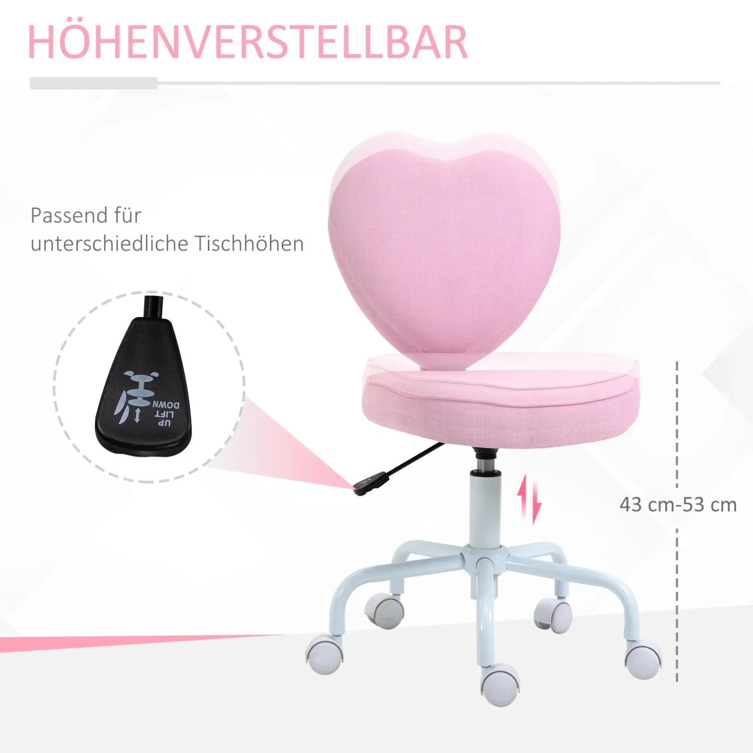 Rosa HOMCOM Bürostuhl mit Herzform, höhenverstellbar und mit Rollen.