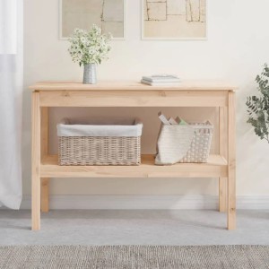 Massiver Kiefernholz Konsolentisch mit Ablage, helles Holz. Dekoriert mit Blumen und Körben. Praktischer Beistelltisch.