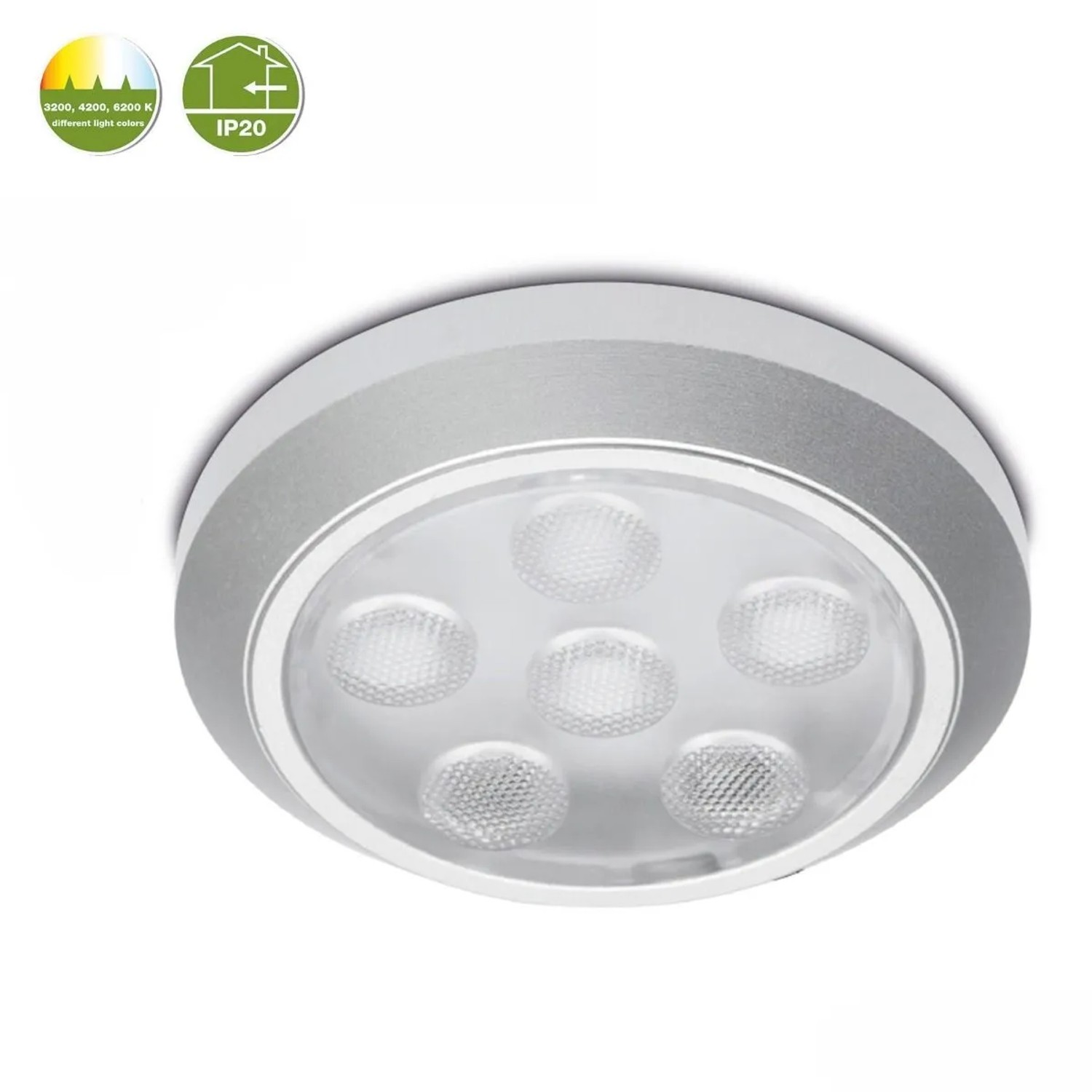 SOTECH ABILA LED Aufbauleuchte, rund, silber, mit 5 LEDs, kaltweißes Licht, Ø60 mm. Ideal als Unterbauleuchte.