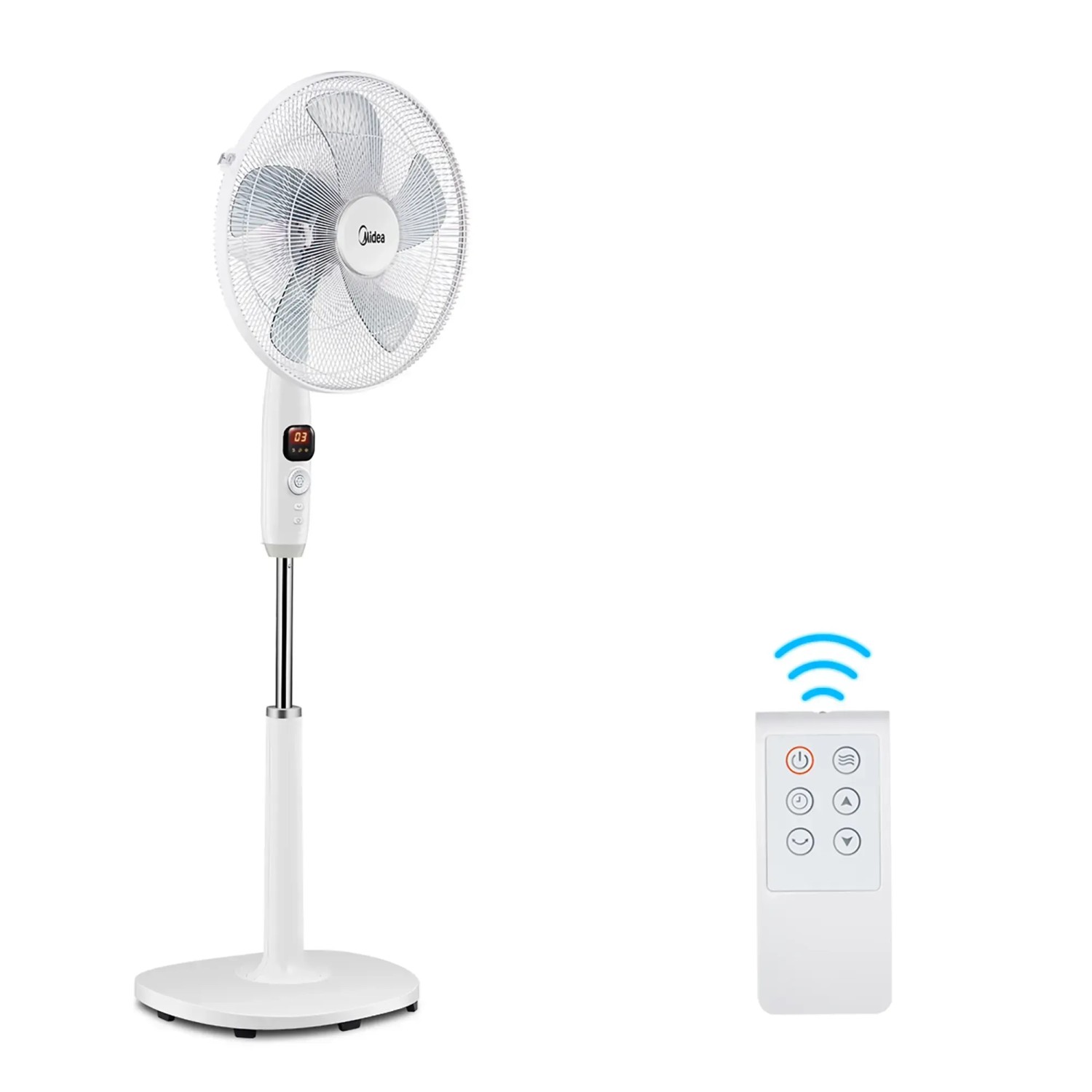 Weißer Midea Standventilator mit Fernbedienung, 136 cm hoch.