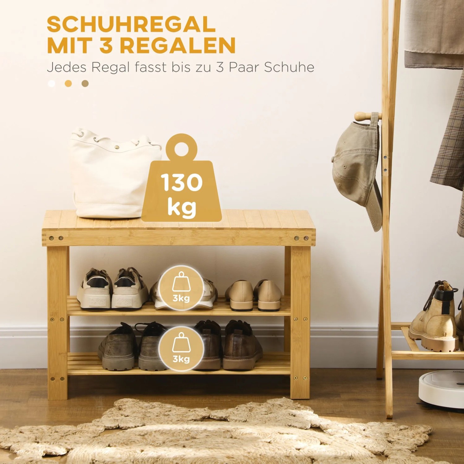 Bambus Sitzbank mit 3 Etagen als Schuhregal für 6 Paar Schuhe im Eingangsbereich. Naturfarben, robust.