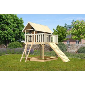 Karibu Stelzenhaus Fidel mit Holzrampe in Terragrau, Leiter und Sandkasten.