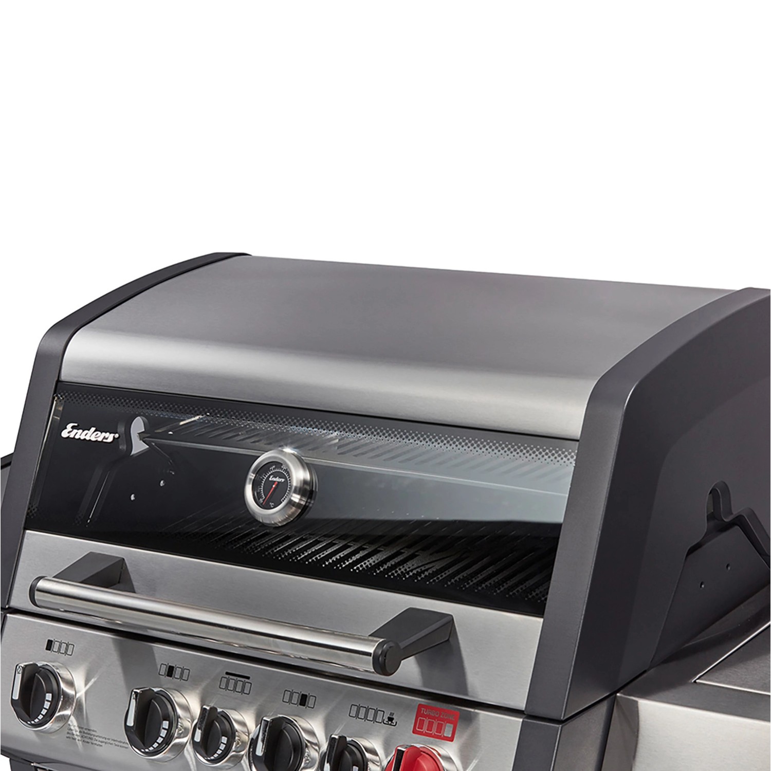 Enders Gasgrill Monroe Pro 4 SIK Turbo, Detailansicht des Deckels mit Thermometer und Sichtfenster.