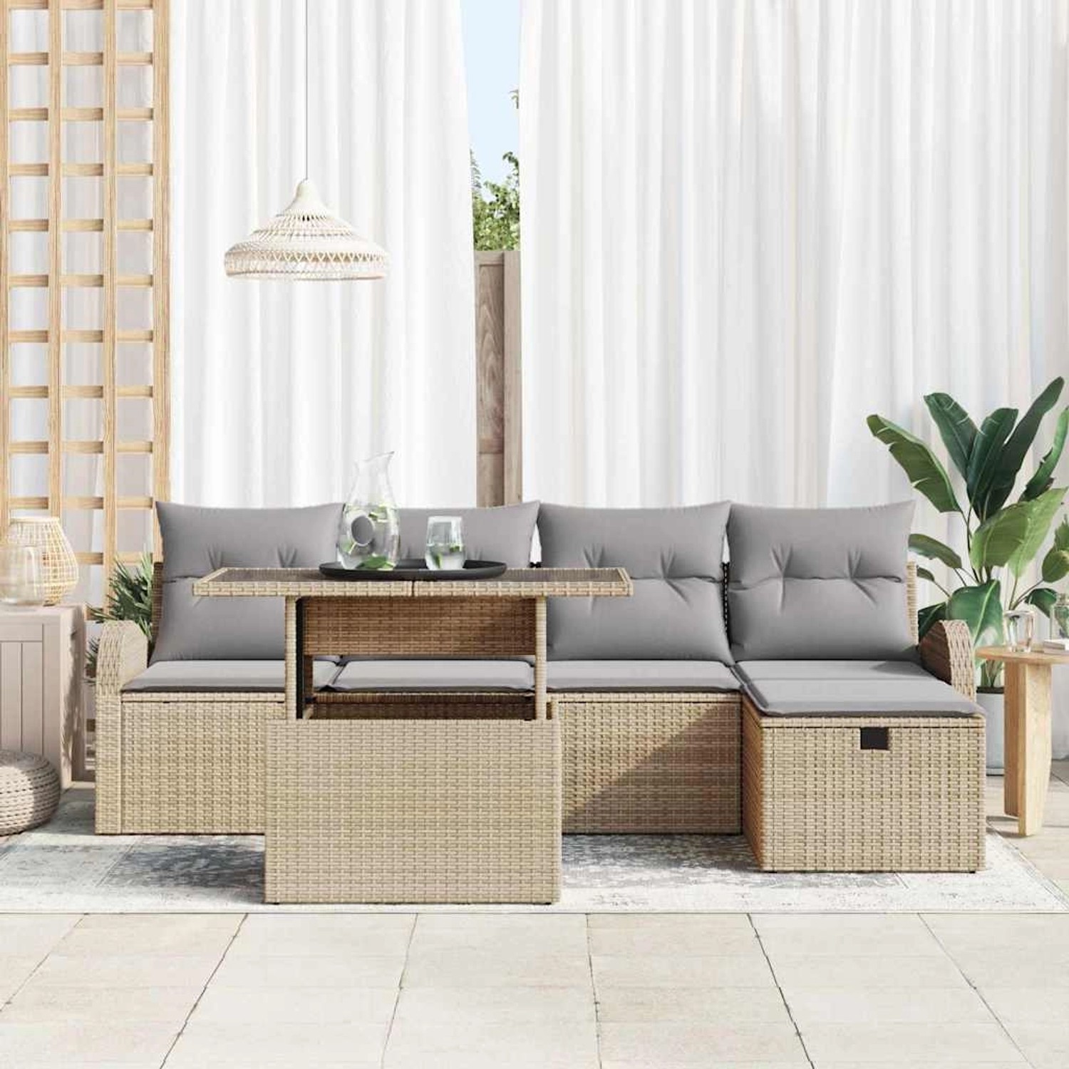 Beiges 6-tlg. vidaXL Garten-Sofa-Set aus Poly Rattan mit Kissen und Stauraum.