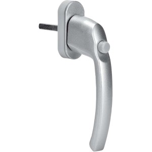 Silberner KM Meeth Fenstergriff mit Druckknopf für erhöhte Sicherheit.