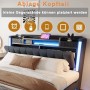 Graues Polsterbett 160x200 mit LED und USB, Kopfteil mit Ablagefächern.