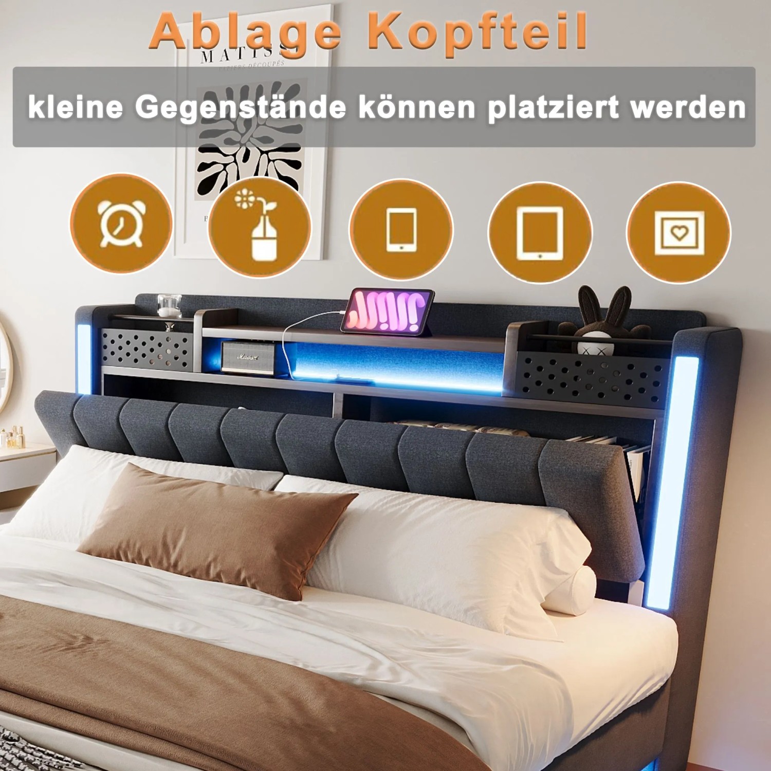 Graues Polsterbett 160x200 mit LED und USB, Kopfteil mit Ablagefächern.