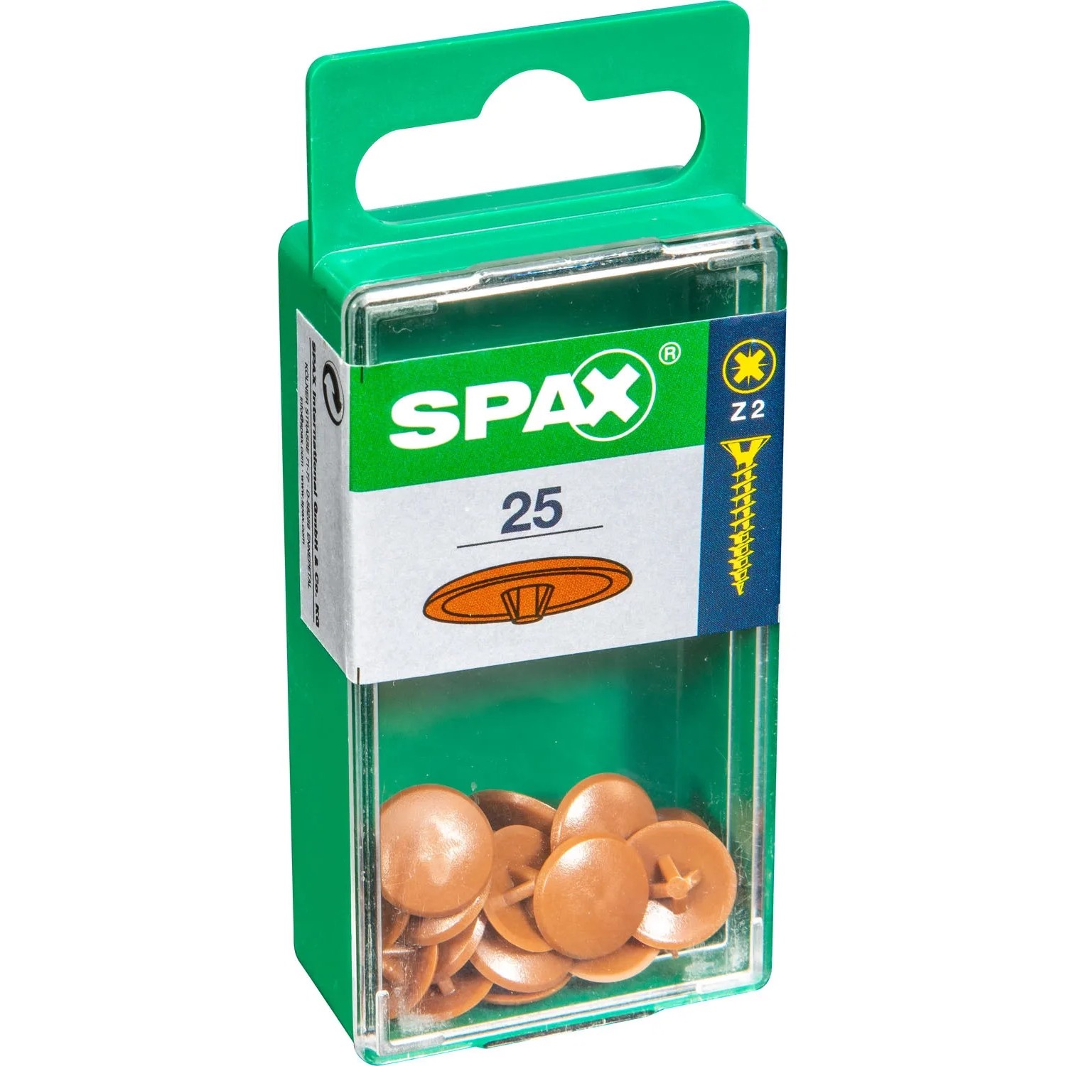 Spax Zierkappen, braun, für Schrauben Pozi Z2, 25 Stück im Kunststoffbehälter.